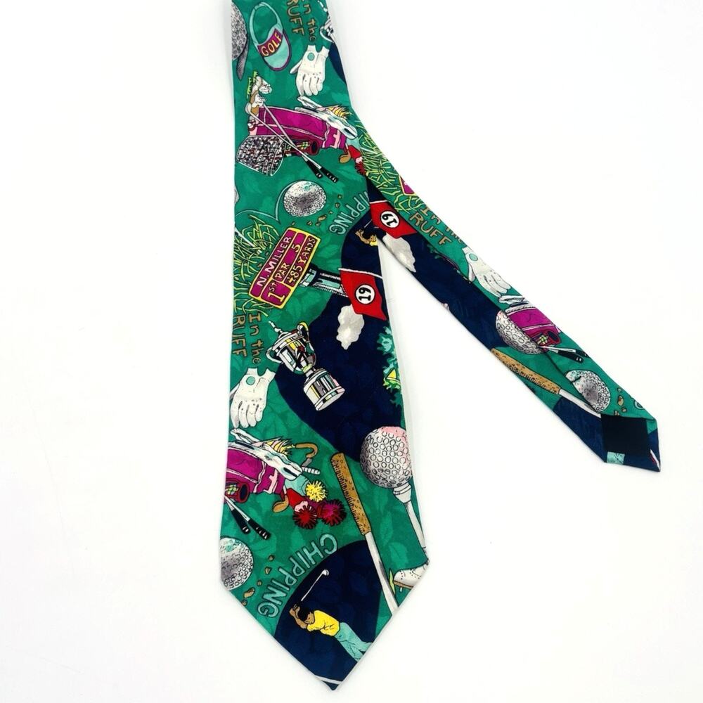 Vintage 90s Novelty Golf Tie Nicole Miller Men’s 1993 All Over Print 100% Silk